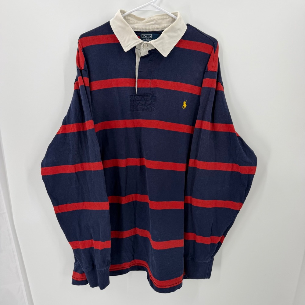 Vintage Polo Ralph Lauren striped Rugby Shirt 2XLT Navy Red Long Sleeve Preppy